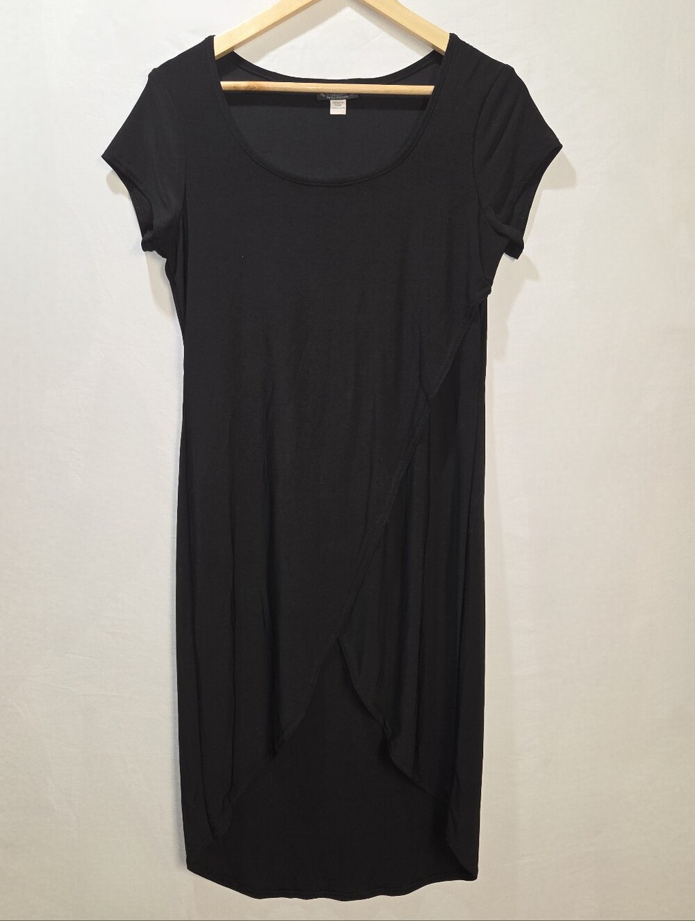 90s/Y2K Black Tulip Overlay Midi Dress Short Sleeve Stretch High-Low Hemline